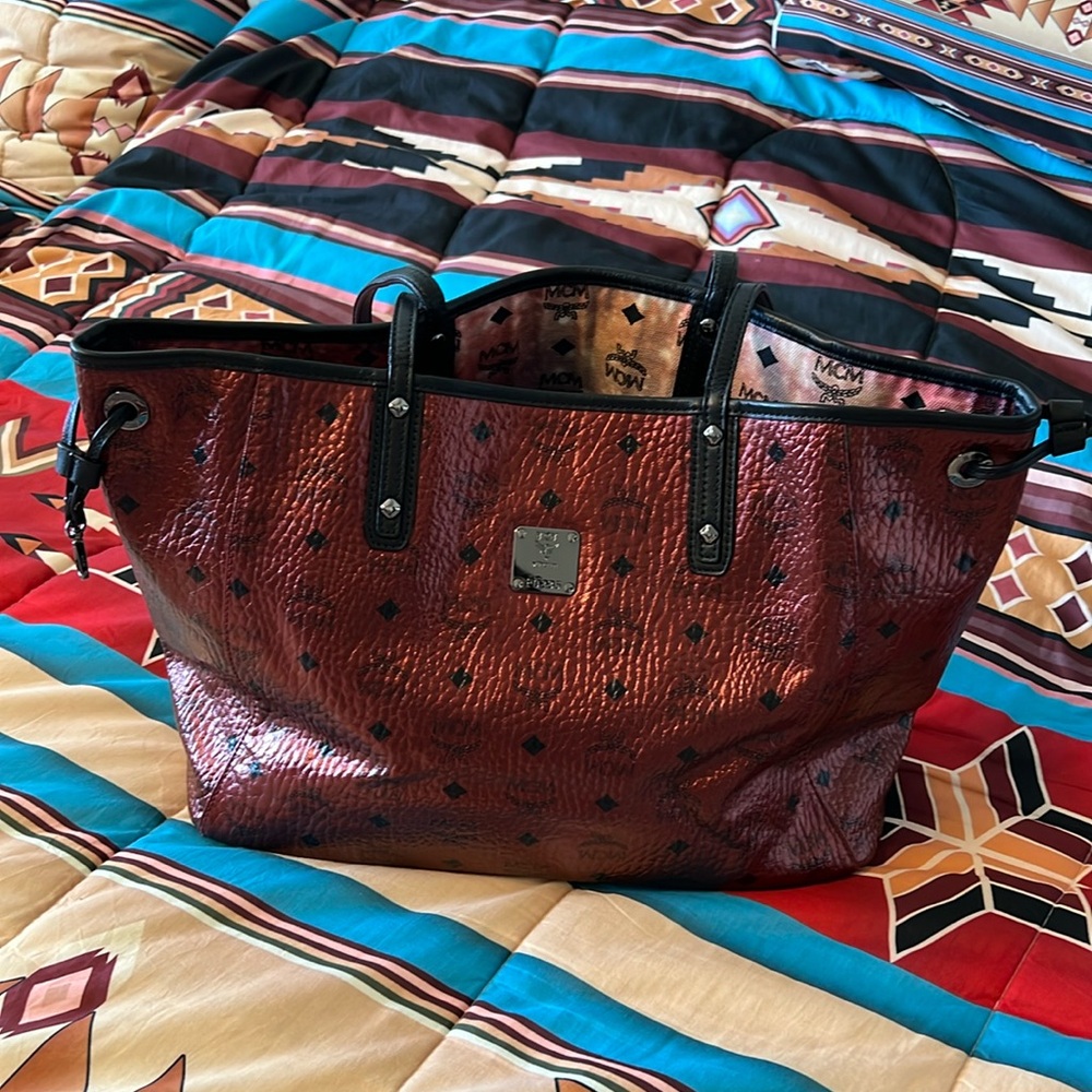 MCM Metallic Red Visetos Reversible Shopper Tote